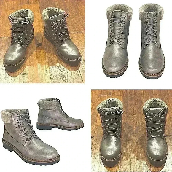 Size 8 - Esprit Candis Grey Faux Leather Faux Fur Trim Womens Ankle Boots - Picture 2 of 16